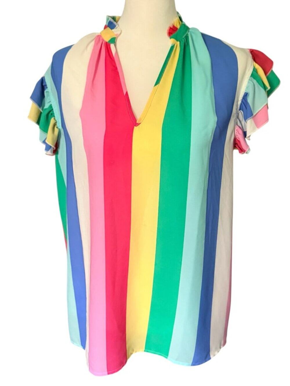 New York and Company Large Short Sleeve Top Blue Pink Yellow